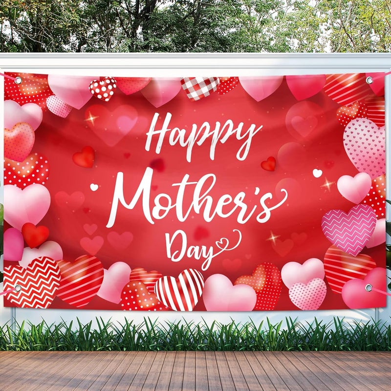 Sophena Large Happy Mother's Day Banner Decorations Mothers Day Flag Outdoor 71x44 Inch,Mom Gifts for Indoor Home House Decor Party Supplies,Yard Sign Background for Photography,Red Heart - Image 1